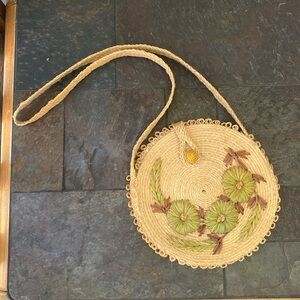 VINTAGE Handmade Straw Raffia Crossbody Bag Circular Woven Floral Green Neutral